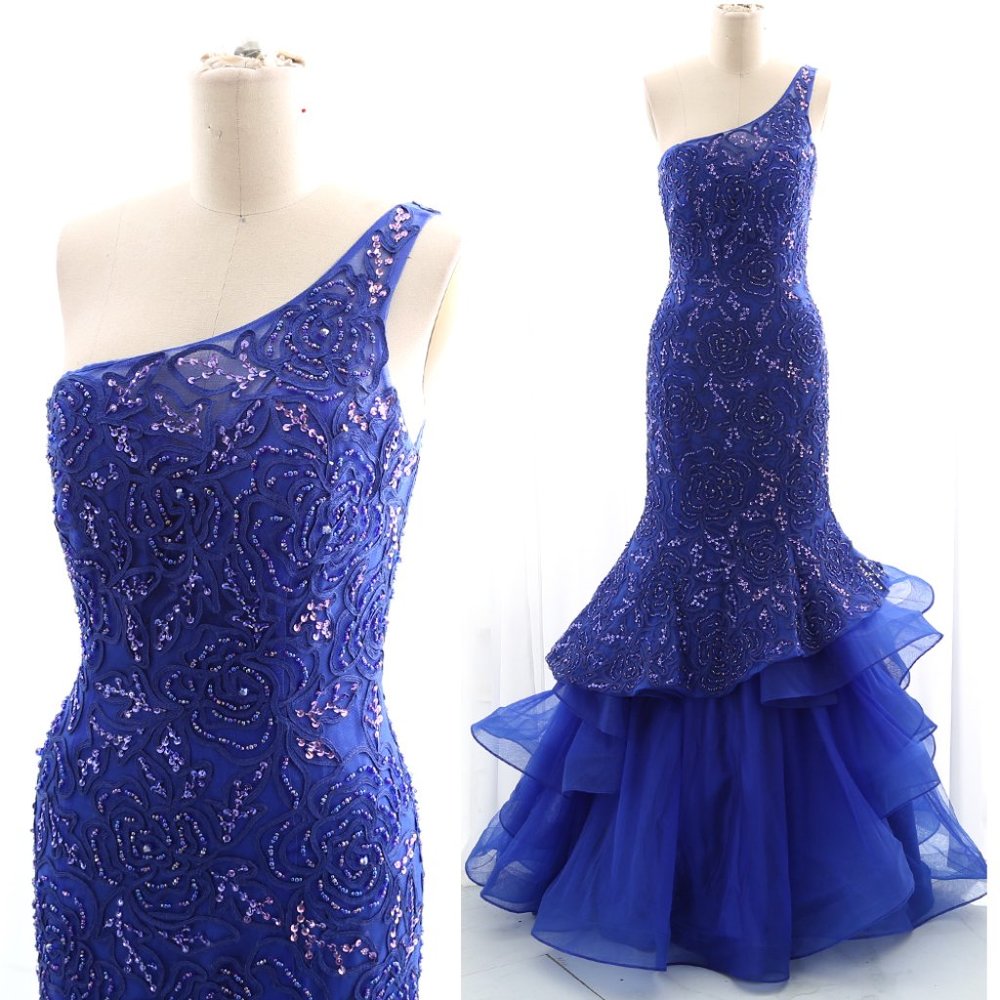 One Shoulder Mermaid Royal Blue Prom Dress Formal Evening Gown 000207